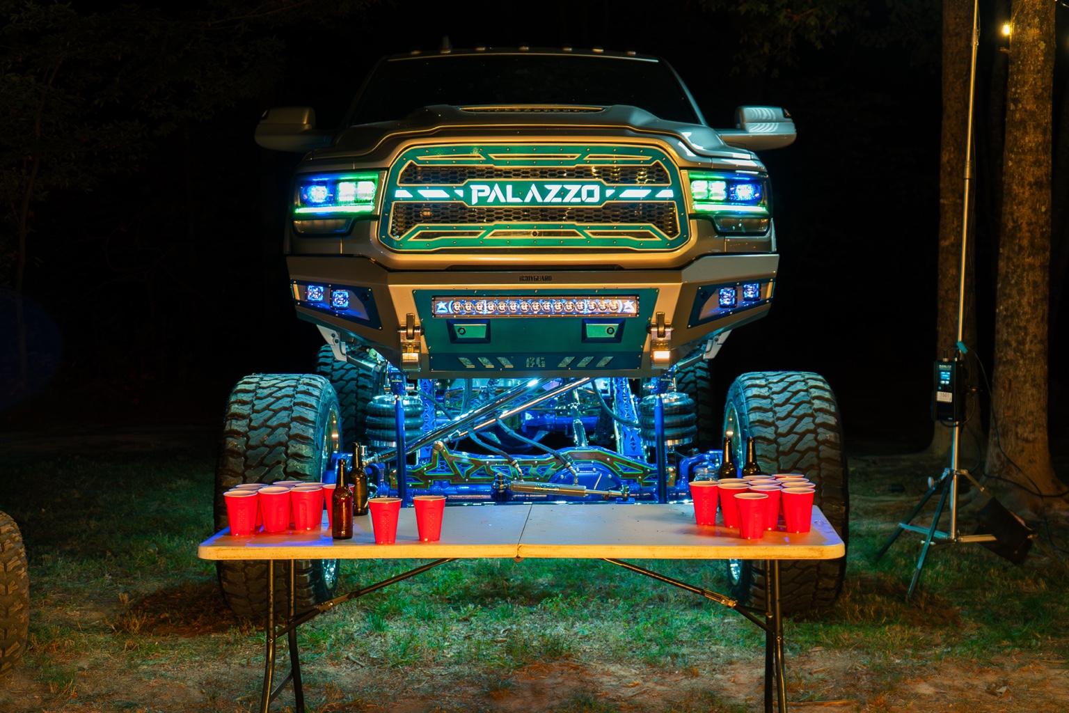 Illuminated lifted truck at night